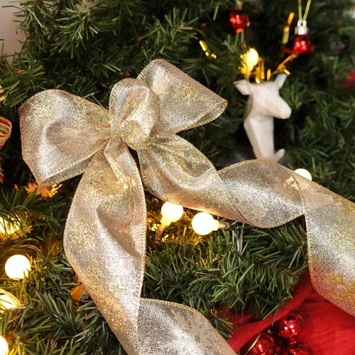 Miniatura 6 de Tela metálica dorada champagne con cinta de copo de nieve dorado con alambre de 2.5 pulgadas x 10 yardas para decoración del hogar de Navidad, lazo