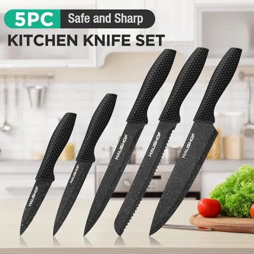 Miniatura 3 de HAUSHOF Juego de cuchillos de cocina, 5 piezas con bloque de acrílico, juego de cuchillos negros con revestimiento de teflón para la cocina, juego