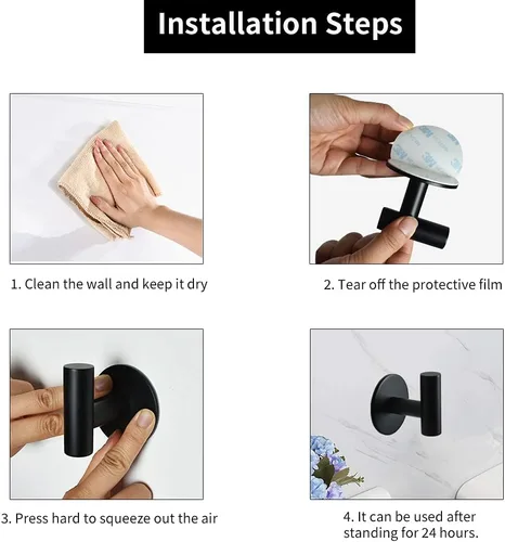 Miniatura 5 de Gancho autoadhesivo para toallas, color negro mate, níquel cepillado, acero inoxidable SUS304, resistente al agua, para toallas, bata, soporte