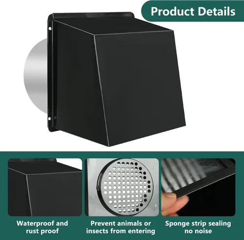 Miniatura 5 de Cubierta de ventilación de secadora de 10 pulgadas con pantalla y amortiguador, cubierta de ventilación de escape de pared al aire libre