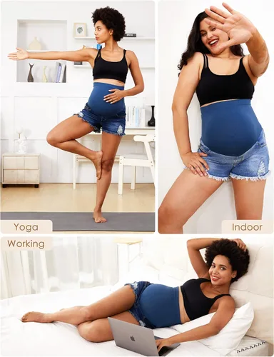 Miniatura 6 de HOFISH Pantalones cortos elásticos de maternidad para mujer, sobre el vientre, cómodos, pantalones cortos de mezclilla, pantalones cortos casuales