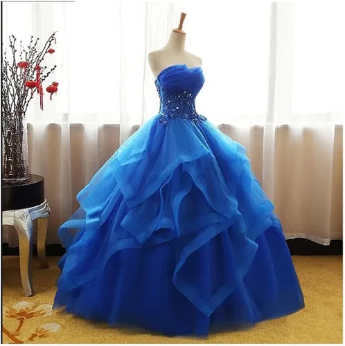 Miniatura 2 de Fair Lady Vestido de fiesta largo con volantes vestido de fiesta vestidos de quinceañera sin tirantes de encaje de tul con cuentas vestido de noche