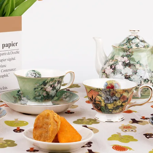 Miniatura 5 de Juego de 2 Tazas de Té Florales con Platillos, Porcelana de Hueso de 7 oz, Tazas de Té Británicas, Taza de Café de Porcelana para Té de Rosa