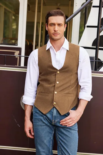 Miniatura 2 de COOFANDY Chaleco de traje de cuero de gamuza para hombre, chaleco occidental casual, chaleco ajustado