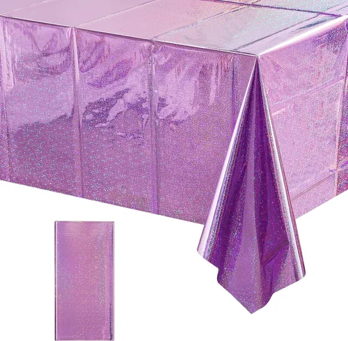 Miniatura 22 de Paquete de 8 manteles de plástico iridiscente brillantes desechables láser rectangulares, cubiertas de mesa de papel holográfico iridiscente, Rosa
