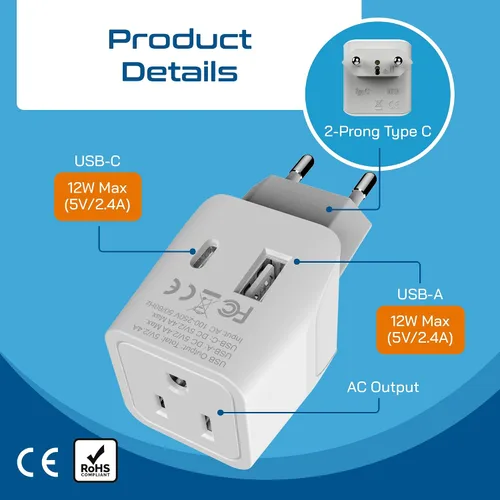 Miniatura 5 de Ceptics Enchufe adaptador de viaje europeo, Egipto con doble USB, tipo C, entrada de Estados Unidos, peso ligero, perfecto para teléfonos celulares