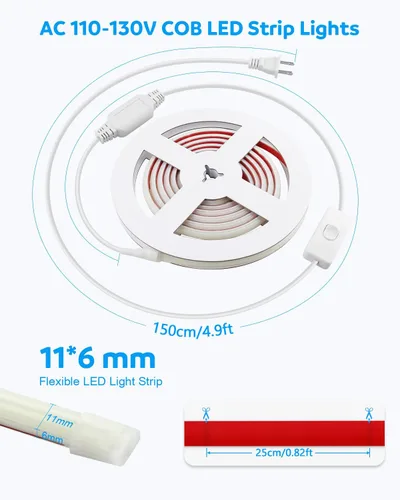 Miniatura 6 de Aclorol Tira de luces LED COB de 110 V para exteriores, impermeable, 6.56 pies/2M, luz diurna blanca 6000 K CRI90+ flexible y Unifrom tira de luz