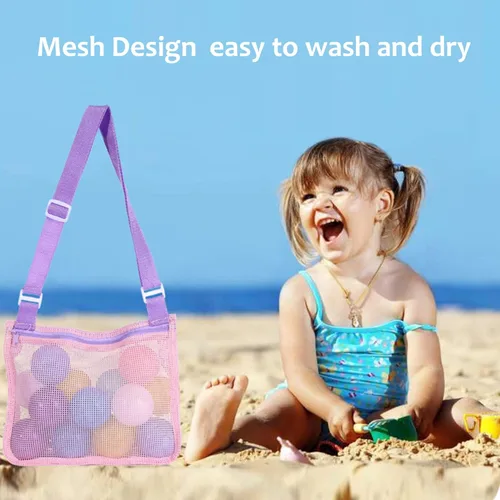 Miniatura 5 de UTTPLL Bolsa de playa de malla colorida ajustable para niños, bolsa de red de secado rápido para conchas marinas que recolecta arena juguete Rosa