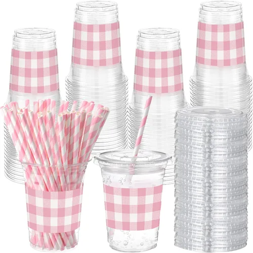 Miniatura 11 de Sliner 50 juegos de vasos de plástico a cuadros de 16 onzas con tapas y pajitas de papel, vasos desechables transparentes para fiesta de autos