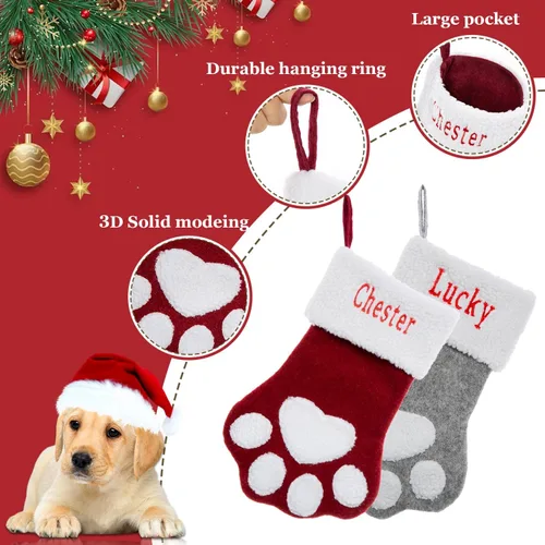 Miniatura 3 de Calcetines de Navidad personalizados para perros y gatos, calcetín de Navidad bordado con nombre personalizado en forma de pata de mascota o hueso