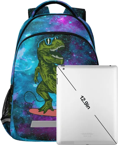 Miniatura 7 de Mochila para laptop con diseño de dinosaurio, color rosa y azul, con diseño de galaxia, bolsa de viaje, casual, con correa para el pecho, para niños