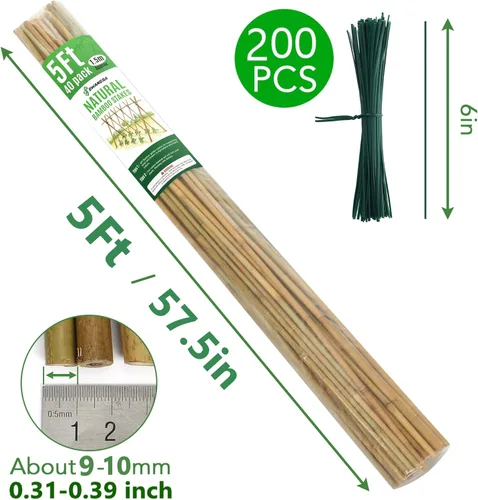 Miniatura 5 de SWANGSA Paquete de 40 estacas de bambú para plantas de 5 pies (57.5 pulgadas), palos de bambú para soporte de plantas de jardín con 200 lazos