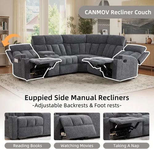 Miniatura 5 de CANMOV Juego de sofá modular reclinable manual, juegos de muebles de tela en forma de L, sofá esquinero modular reclinable y silla reclinable