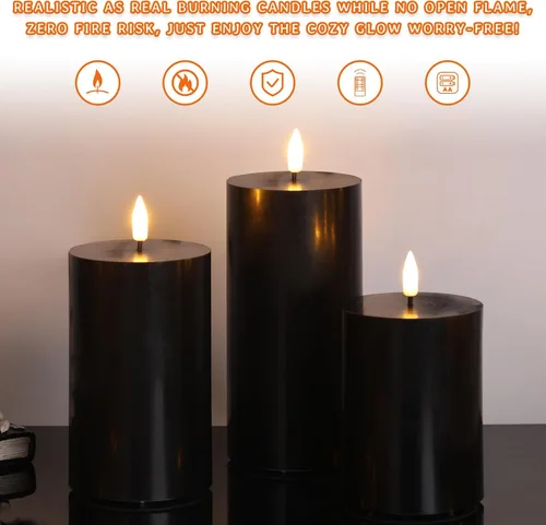 Miniatura 5 de Velas de pilar sin llama negras con control remoto, velas LED parpadeantes de cera que funcionan con pilas, juego de 3 Negro