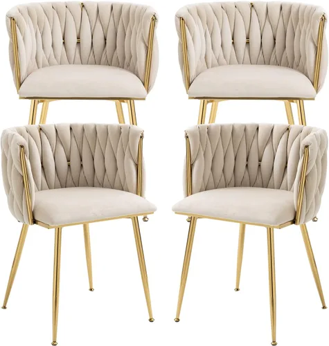 Miniatura 31 de Nrizc Juego de 2 sillas de comedor de terciopelo, sillas de comedor tapizadas tejidas con patas de metal dorado, sillas decorativas modernas