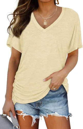 Miniatura 28 de WIHOLL - Camisetas de manga corta con cuello en V para mujer, holgadas, con fruncido lateral