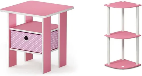 Furinno Andrey - Mesa auxiliar, mesita de noche, mesita de noche con cajón de contenedor, rosa/rosa claro y Turn-N-Tube 3 niveles reversible estante