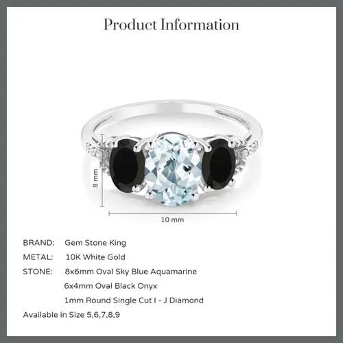 Miniatura 4 de Gem Stone King 10K White Gold Diamond Accent 3-Stone Engagement Ring set with 1.93 Ct Oval Sky Blue Aquamarine Black Onyx (Available 5,6,7,8,9)