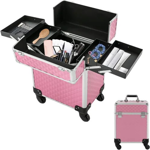 Miniatura 16 de Estuche de maquillaje con ruedas para cosméticos, carrito grande para cosméticos con cerraduras, organizador de almacenamiento de cosméticos, Negro