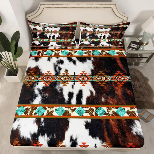 Miniatura 26 de Juego de ropa de cama de estilo bohemio occidental, tamaño individual, diseño de vaca atrapasueños, sábana bajera ajustable del suroeste, tribu