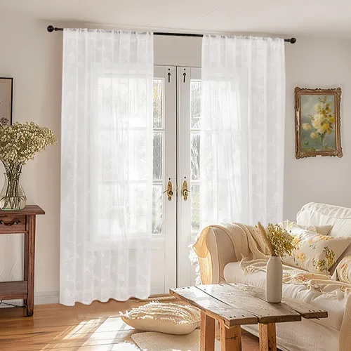 Miniatura 8 de YoungsTex Cortinas Transparentes con Diseño de Hojas de 63 Pulgadas de Largo para Ventana de Sala de Estar, Cortinas de Encaje Blanco Ligeras