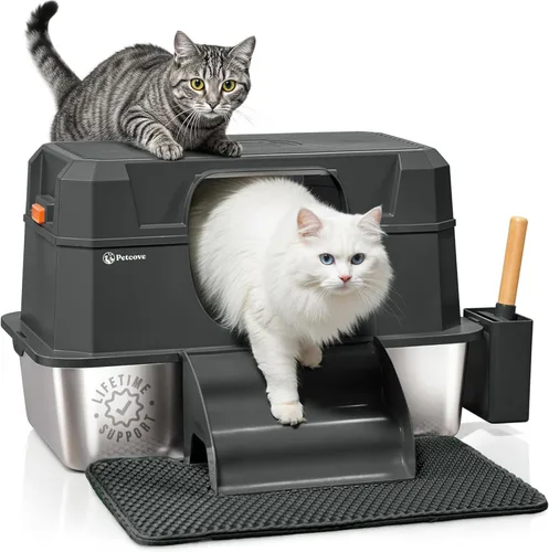 Caja de arena para gatos de acero inoxidable con tapa, diseño XL 3 en 1 para gatos de interior, caja de arena de acero inoxidable, máxima privacidad