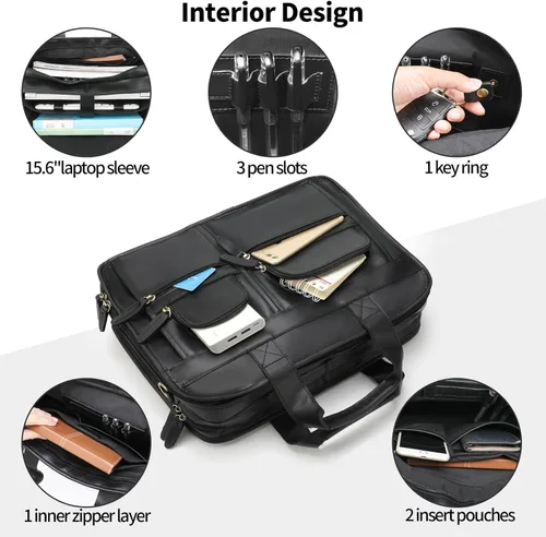 Miniatura 5 de Jack&Chris Maletín de cuero para hombres,Bolso de mensajero retro de viaje de negocios,Bolsa de trabajo grande para portátil de 15.6