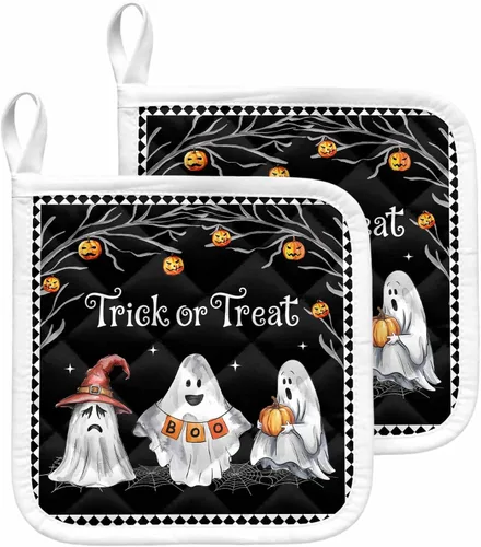Juego de 2 soportes para ollas de Halloween para cocina, platos de sartén para horno, tapete a prueba de calor con lazo para colgar, agarraderas de