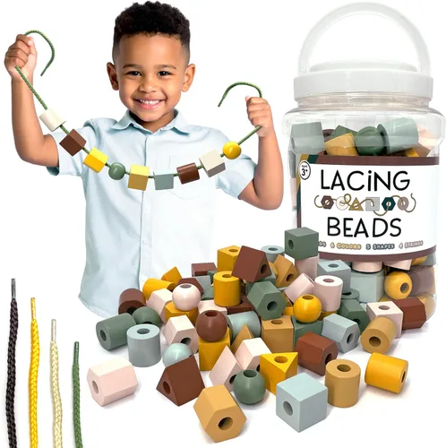 Cuentas y cuerdas de madera con cordones, 125 piezas, juguetes de habilidades motoras finas para niños de 3 años, colores boho