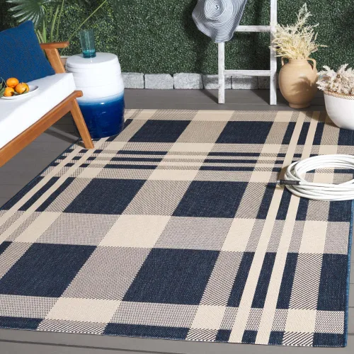Miniatura 76 de SAFAVIEH Alfombra Lavable para Exteriores Colección Courtyard - 2'3" x 4', Beige y Azul, Patrón a Cuadros, No Desprende Pelusa y Fácil Limpieza