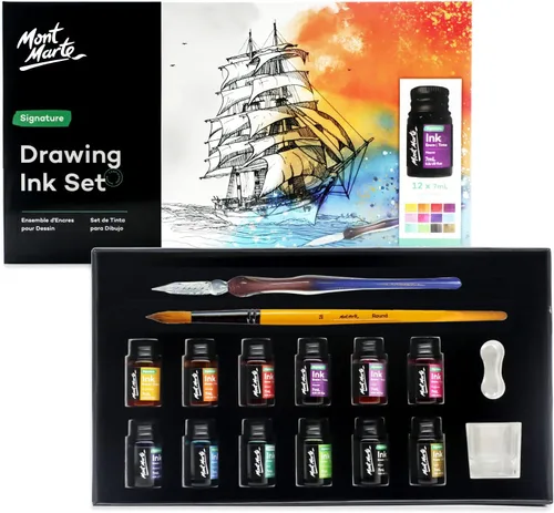 Mont Marte Kit de tinta de dibujo Signature de 16 piezas, gran juego de arte, incluye 12 colores de tinta de 0.24 onzas líquidas, bolígrafo de