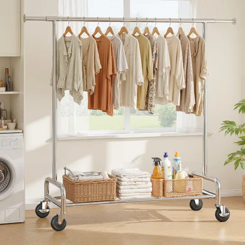 Miniatura 4 de Raybee Perchero de ropa de 76 pulgadas de ancho, resistente con carga de 450 libras, ruedas bloqueables y altura ajustable, perchero para Plata