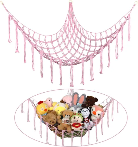 Miniatura 8 de Hamaca Esquinera para Animales de Peluche, Red Grande de Juguetes de Peluche Tejida a Mano con Anillos de Madera Almacenamiento Boho Lindo