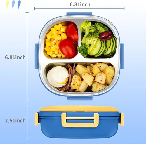 Miniatura 6 de Pequeña mini caja Bento o caja de aperitivos con 3 compartimentos extraíbles de acero inoxidable y cubiertos para bebé de 0 a 24 meses, a prueba