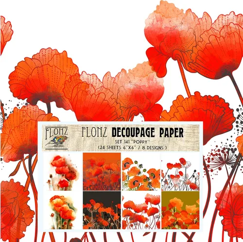 Decoupage - Paquete de papel (24 hojas de 6 x 6 pulgadas), diseño de flores de amapola FLONZ, estilo vintage, sin costuras, para decoupage, cuatro