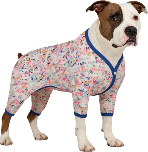 Miniatura 13 de LovinPet Mameluco para perros de razas grandes, pijama para perro, tela elástica ligera, camisa de manga larga para perro, estampado Paw-Some gris