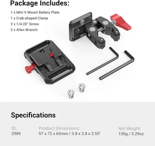 Miniatura 7 de SmallRig Mini placa de batería de montaje en V, placa de batería de montaje en V con abrazadera en forma de cangrejo para fuente de alimentación