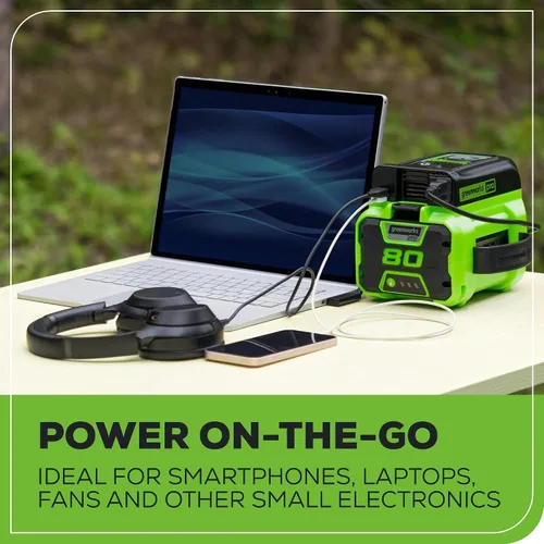 Miniatura 7 de Greenworks Inversor de corriente Pro de 80 V (300 vatios), 120 V CA, para cargar dispositivos electrónicos pequeños, teléfonos inteligentes