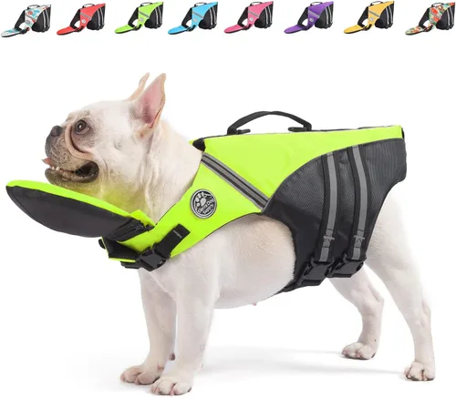 Miniatura 10 de Mklhgty Chaleco salvavidas para perros, chaleco salvavidas reflectante para perro con cuello extraíble, alta flotabilidad para nadar y navegar, Rojo