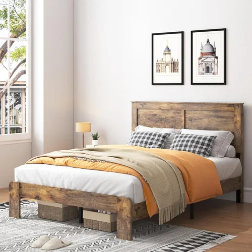 Base de cama de tamaño matrimonial con cabecero, plataforma de madera rústica con soporte de 12 listones de madera, no necesita somier, sin ruido