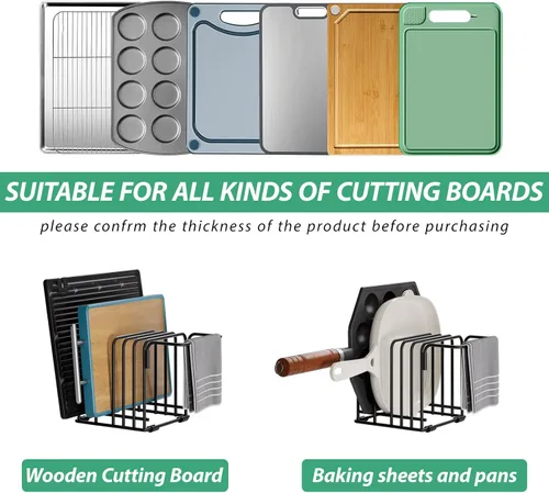 Miniatura 7 de Organizador de tabla de cortar, estante de almacenamiento de cocina de acero con 5 ranuras para tablas de cortar, bandejas para hornear, toallas