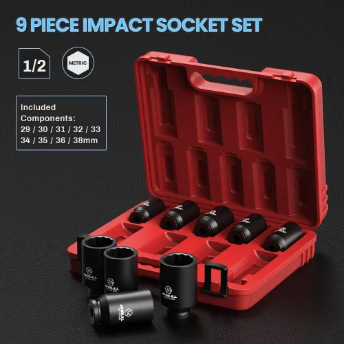 Miniatura 2 de Anbull Juego de llaves de impacto de tuerca de eje profundo de 1/2 pulgada, 9 piezas, acero CR-Mo, diseño de 12 puntos, tamaños métricos