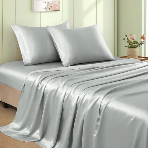 Miniatura 16 de VACVELT Juego de 3 sábanas de satén color beige tamaño individual, juego de ropa de cama, sábana bajera de satén sedoso con bolsillo profundo de 15