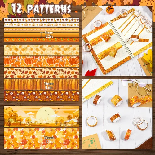 Miniatura 2 de Whaline 12 rollos de cinta washi de otoño de Acción de Gracias, calabaza de otoño, hojas de arce, cinta adhesiva de 3 tamaños, patrón de cosecha