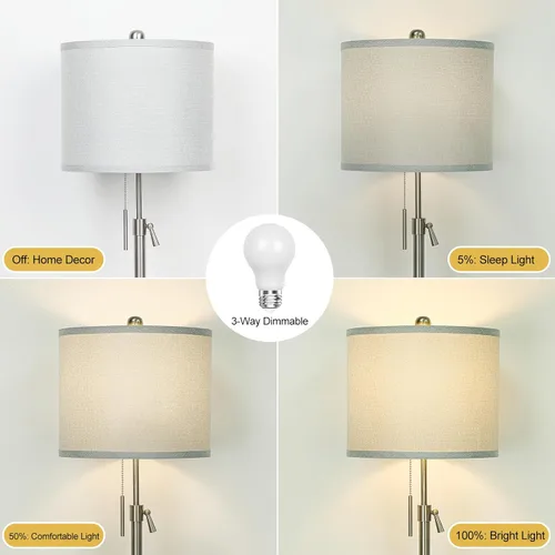 Miniatura 3 de Lámpara de pie de níquel cepillado para sala de estar, lámpara de pie de altura ajustable con base de metal, luz de poste alto con pantalla gris