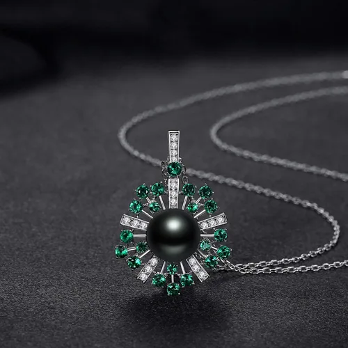 Miniatura 4 de VIKI LYNN 0.394-0.433 in AAA Negro Tahití Cultivado Perla Colgante Collar Joyería para Mujeres con Espinela Verde, Plata esterlina Perla Zirconia