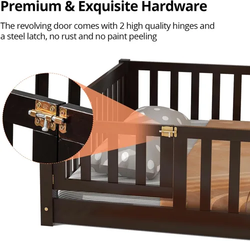 Miniatura 2 de Marco de cama Montessori de madera de tamaño individual con listones de madera, valla y puerta para niños, niñas y niños, espresso