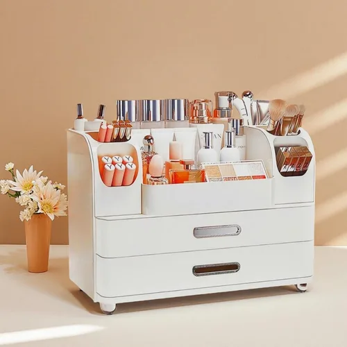 Organizador de maquillaje con cajones para tocador, organizador de encimera de baño con soporte para brochas, organizador de almacenamiento para