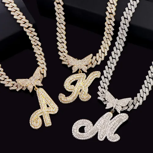 Miniatura 6 de Cuban Link Chain for Women Cursive Silver Initial 14MM Diamond Prong Cuban Chain Hip Hop Iced Out Chain Necklace Butterfly Initial Letter Name