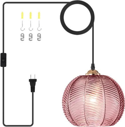Miniatura 23 de Lámparas colgantes de esquina vintage para sala de estar, lámpara colgante de vidrio acanalado ámbar con cable enchufable, lámpara colgante bohemia